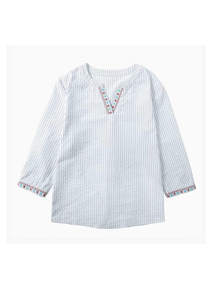 New Blue Embroidered Striped Cotton Blouses Bracelet Sleeve Fall