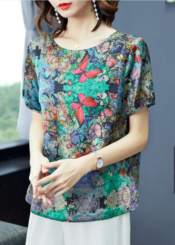 Green O-neck Butterfly Print Satin Top Short Sleeve