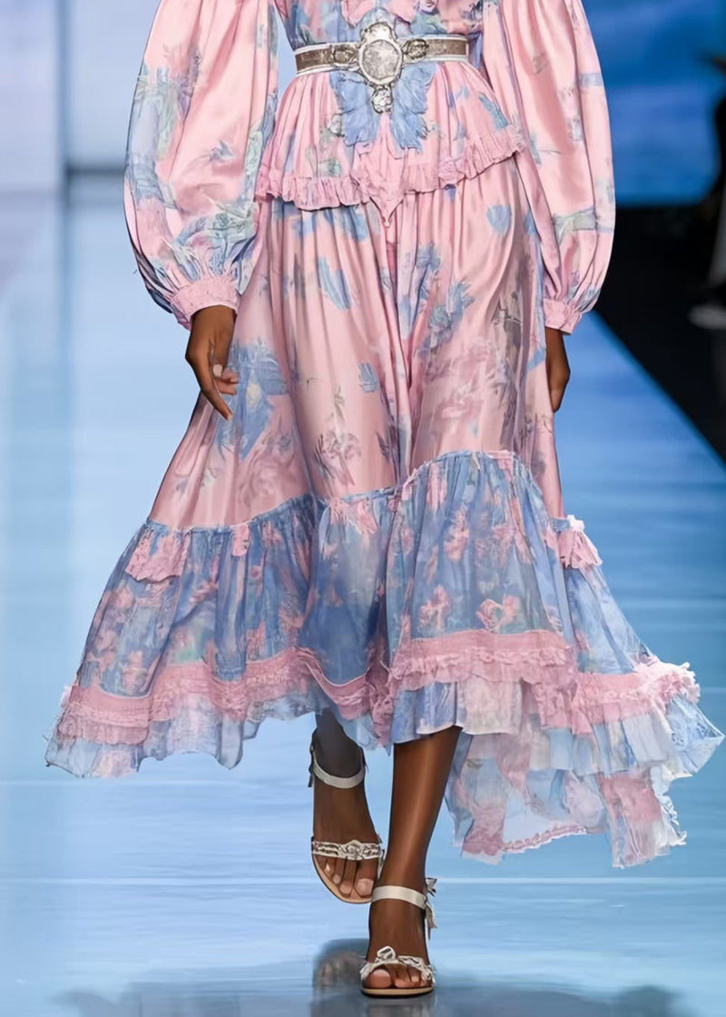 Pink Ruffled Print Silk Tunic Dresses Spring