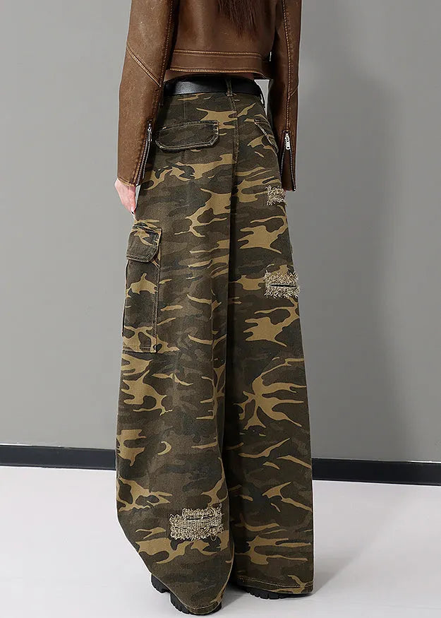American Style Army Green Camouflage Pockets Denim Wide Leg Pants Fall