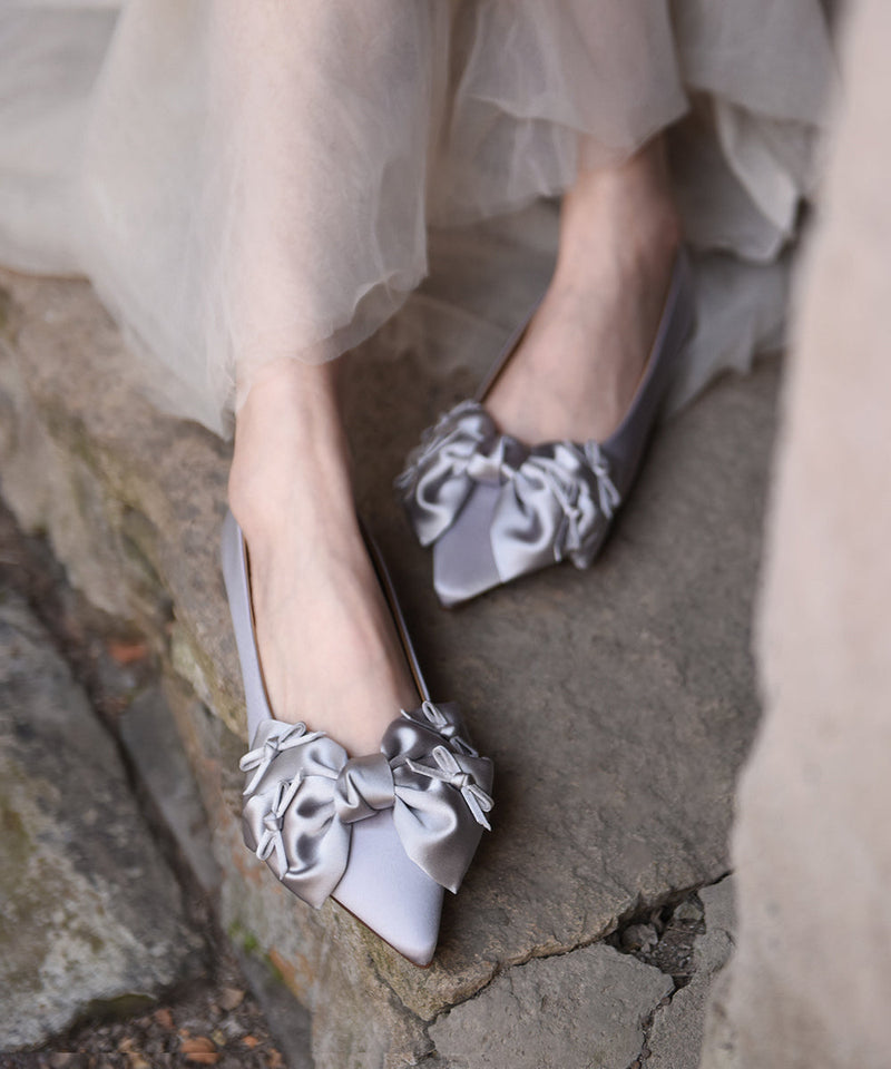 Silver Grey Bow Splicing Flat Feet Shoes Pointed Toe