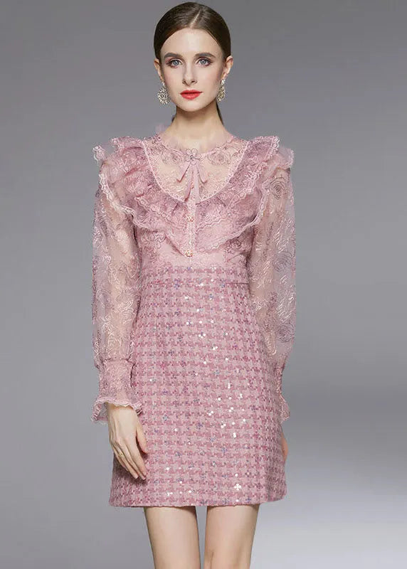 Pink Sequins Embroideried Patchwork Ruffles Dress Fall