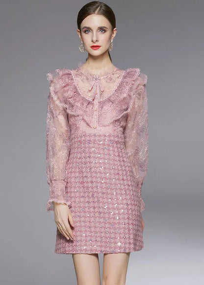 Pink Sequins Embroideried Patchwork Ruffles Dress Fall