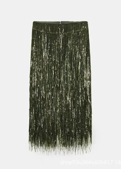 Modern Green Tassel Polyester Sequins Skirt Spring