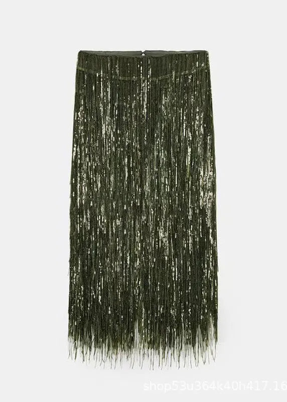 Modern Green Tassel Polyester Sequins Skirt Spring