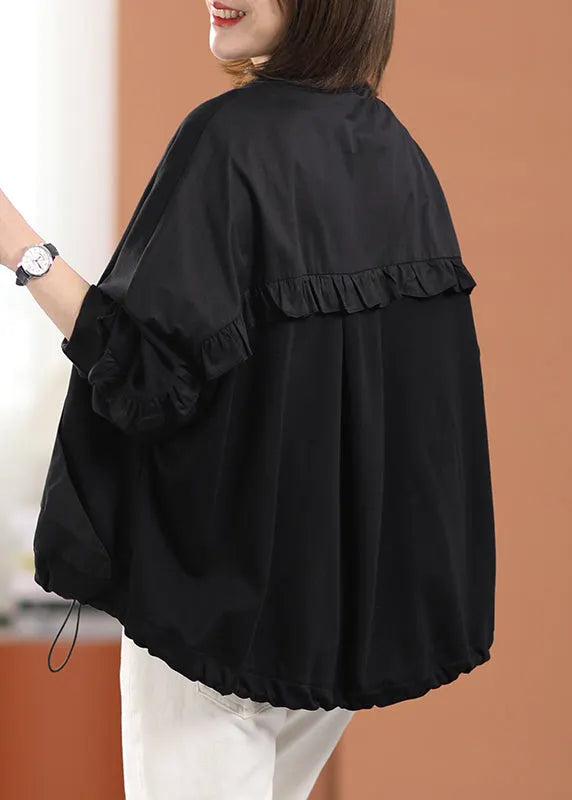 Diy Black O-neck Zippered Pockets Cotton Coats Long Sleeve