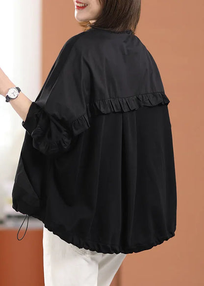 Diy Black O-neck Zippered Pockets Cotton Coats Long Sleeve
