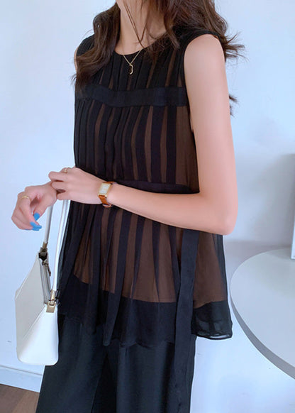 Black O-neck Tie Waist Chiffon Top Summer