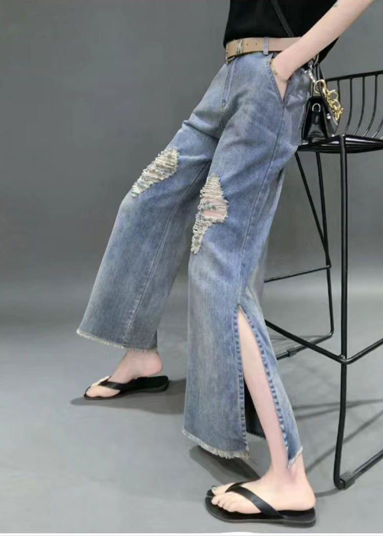 Denim Blue High Waist Hole Pockets Side Open Cotton Straight Pants Summer