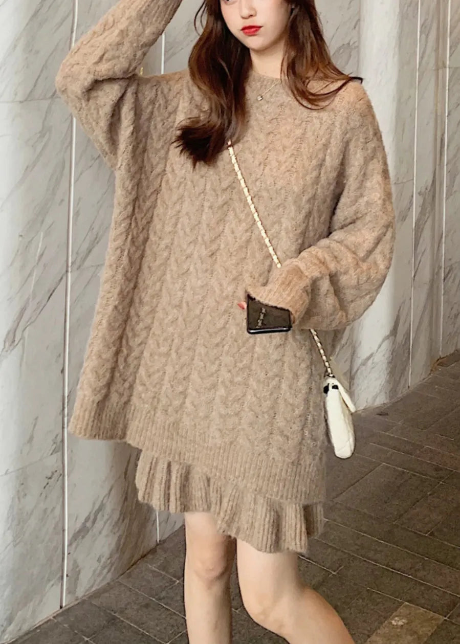 Dull Purple Thick Cable Knit Sweater and Skirt Two Pieces Set Spring