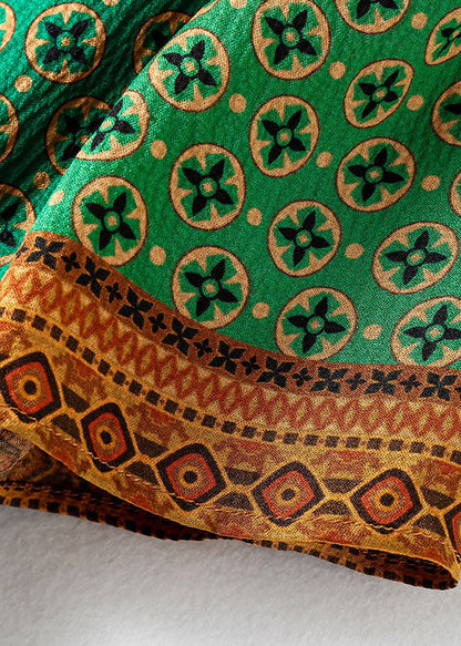 Art Green O-neck Print Silk Formal Dresses Short Sleeve