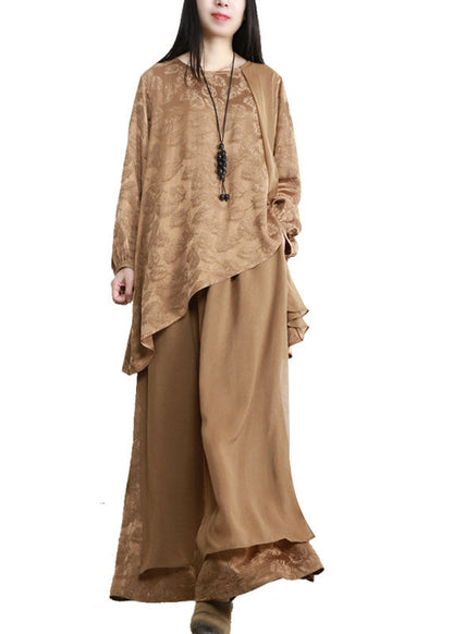 Chocolate Yellow Patchwork Silk Tops and Wide Leg Pants Two Piece Set Jacquard Spring