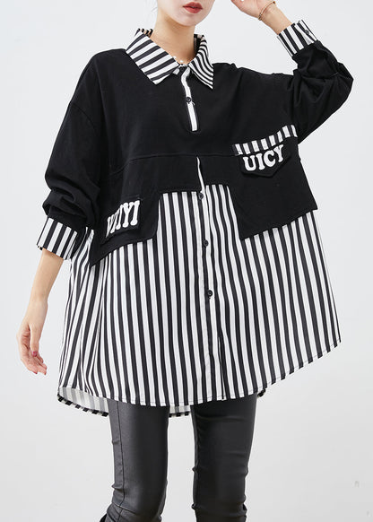 Black Oversized Patchwork Striped Cotton Sweatshirts Top Fall