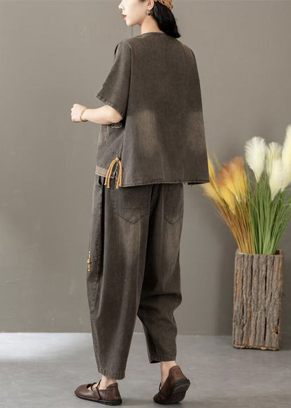 Black Embroidered Elastic Waist Denim Two Pieces Set Summer