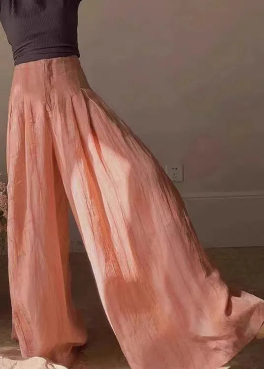 Orange High Waist Wrinkled Patchwork Cotton Wide Leg Pants Summer