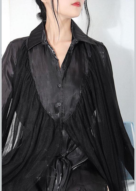 Stylish Black Patchwork Tulle Tie Waist Asymmetrical Design Summer Top