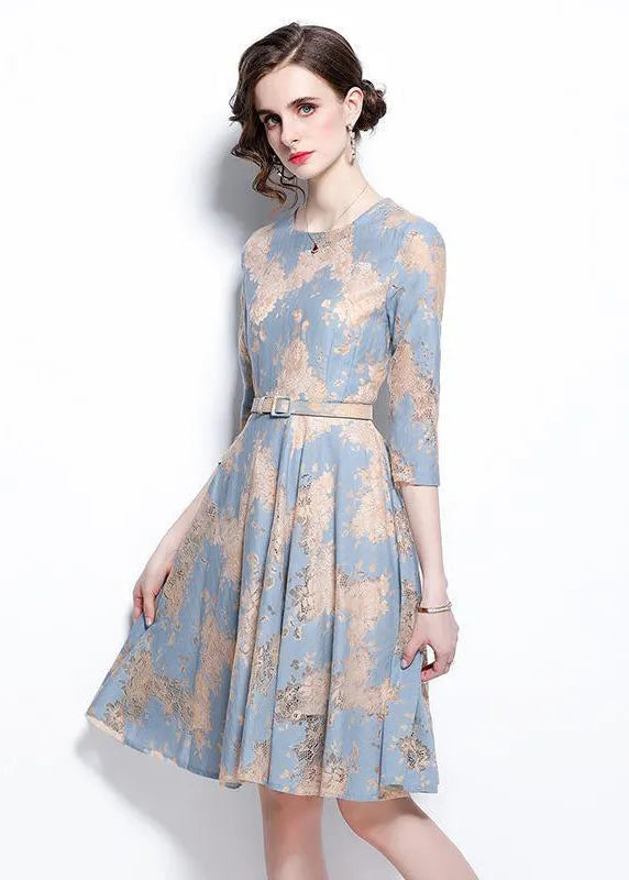 French Light Blue O-neck Embroideried Lace Cinch Dresses Bracelet Sleeve