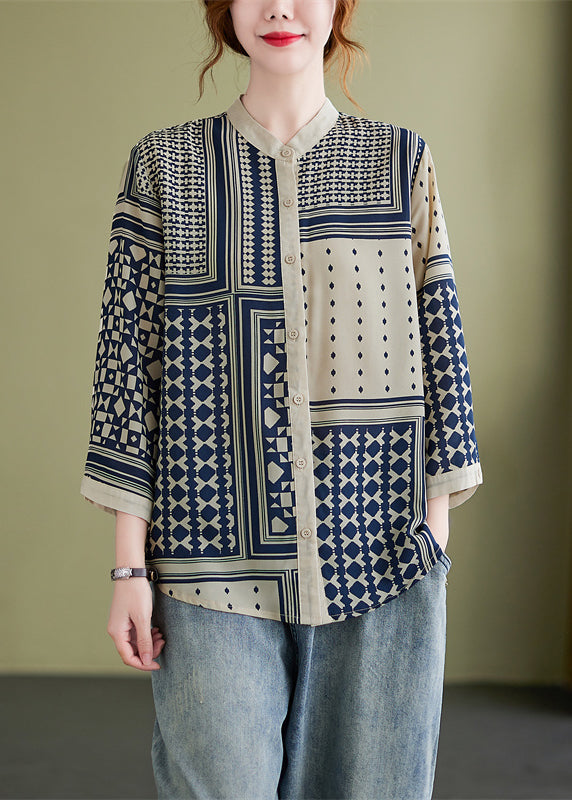 Stand Collar Print Cotton Chiffon Shirts Bracelet Sleeve
