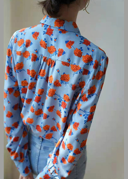 Blue Peter Pan Collar Button Print Chiffon Blouses Puff Sleeve