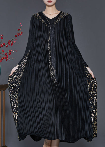 Black Hooded Patchwork Wrinkled Maxi Dresses Spring