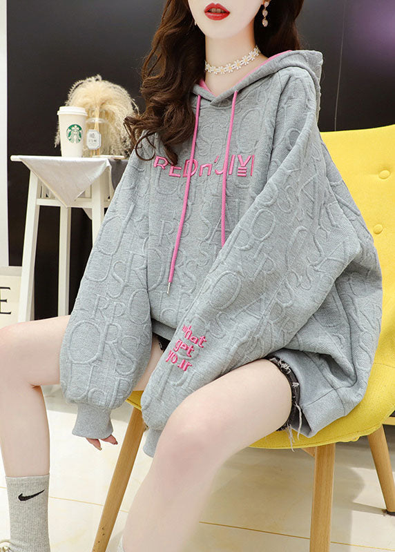 New Grey Hooded Drawstring Embroideried Fall Sweatshirt Street Wear