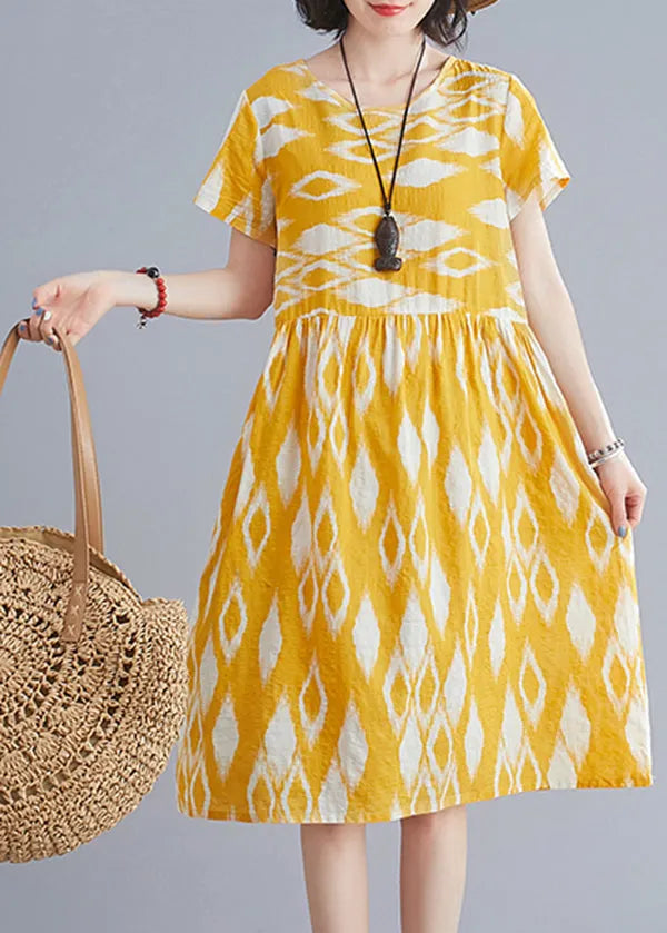 Yellow O-neck Wrinkled Print Cotton Beach Dresses Short Sleeve