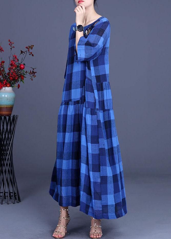 Blue Plaid Linen Embroideried Summer Long Dress