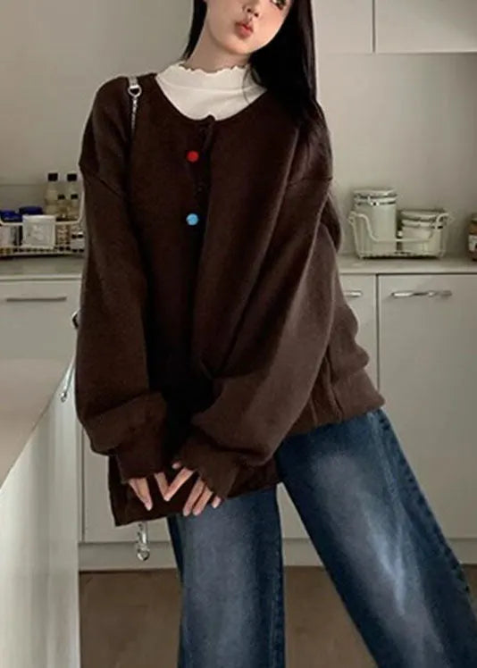 Modern Apricot O-neck Pockets Button Cotton Knit Sweater Coats Fall