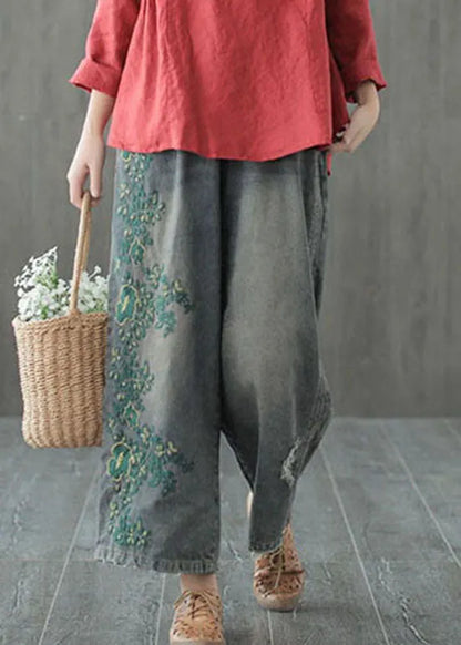 Blue Hole Embroideried Denim Cotton Wide Leg Pants Spring