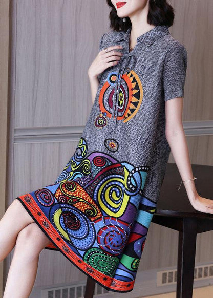 Simple Grey Print Peter Pan Collar Mandarin Collar Tie Summer Dress