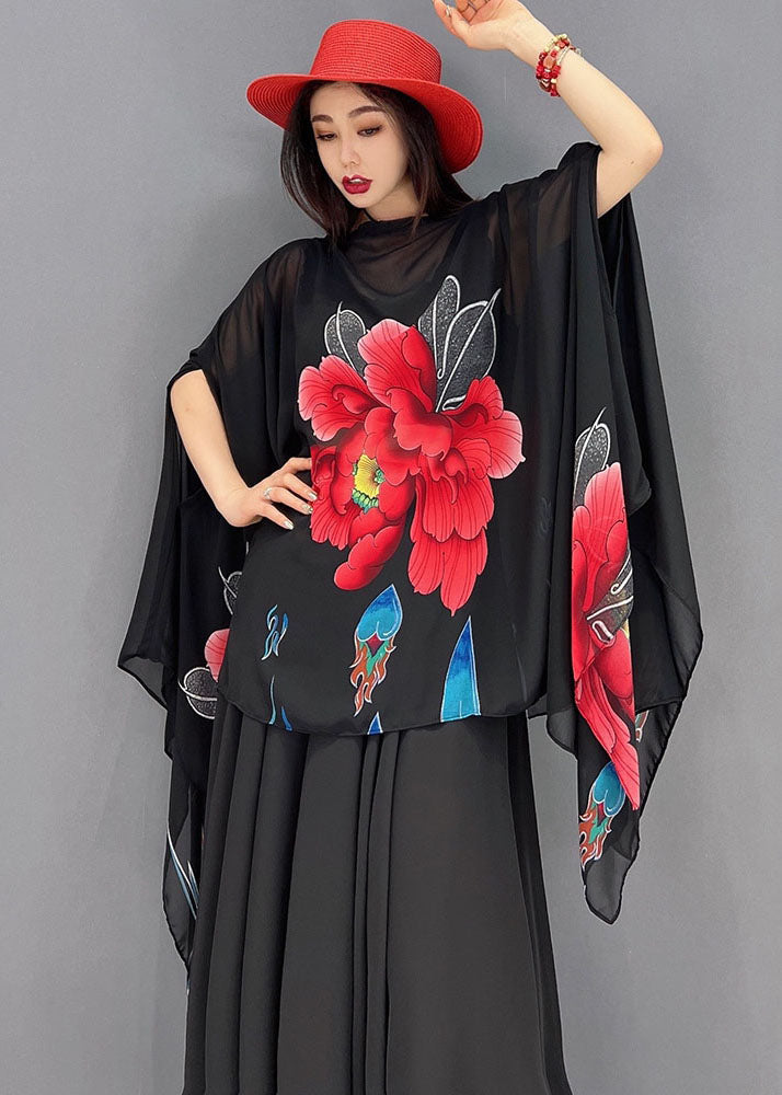 French Black Slash Neck Asymmetrical Design Print Chiffon Two Piece Set Batwing Sleeve
