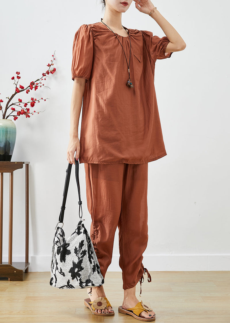 Handmade Brick Red O-neck Cinched Silk Two Pieces Set Summer