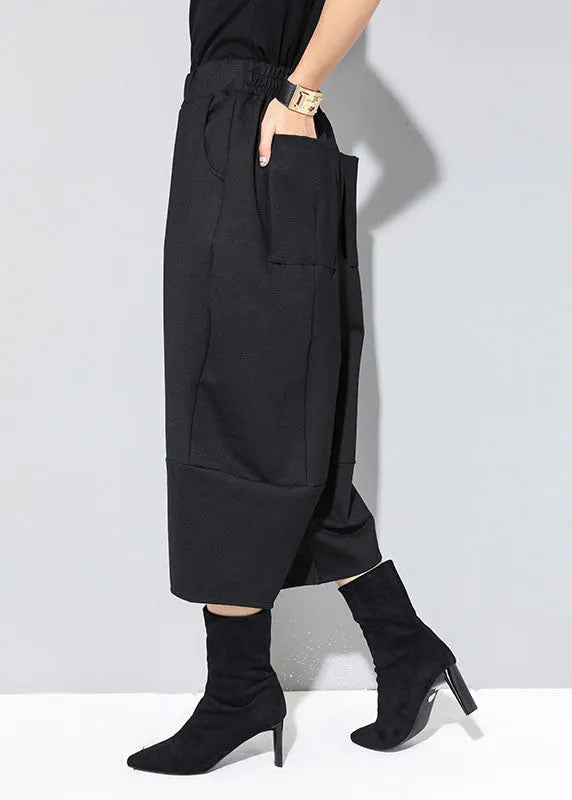 Modern Black Elastic Waist Patchwork Pockets Fall Wide Leg Pants