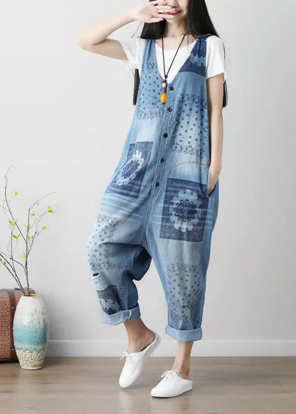 Loose Blue Hole V Neck Print Cotton Denim Jumpsuits Spring
