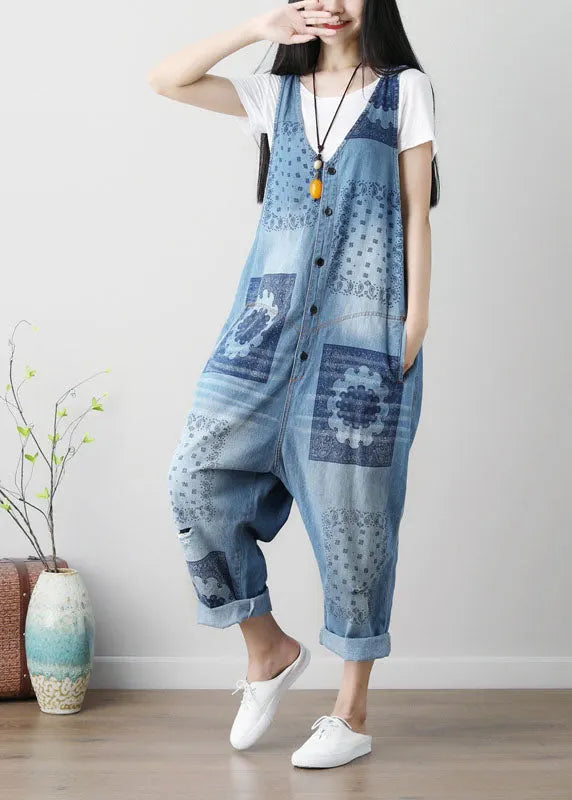 New Blue Patchwork Print Denim Jumpsuit Pants Sleeveless
