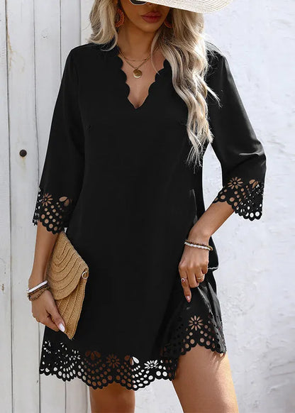 Black V Neck a Line Mid Dresses Half Sleeve