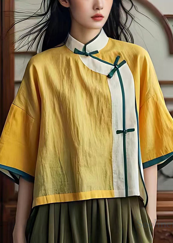 New Yellow Stand Collar Button Cotton Shirts Summer