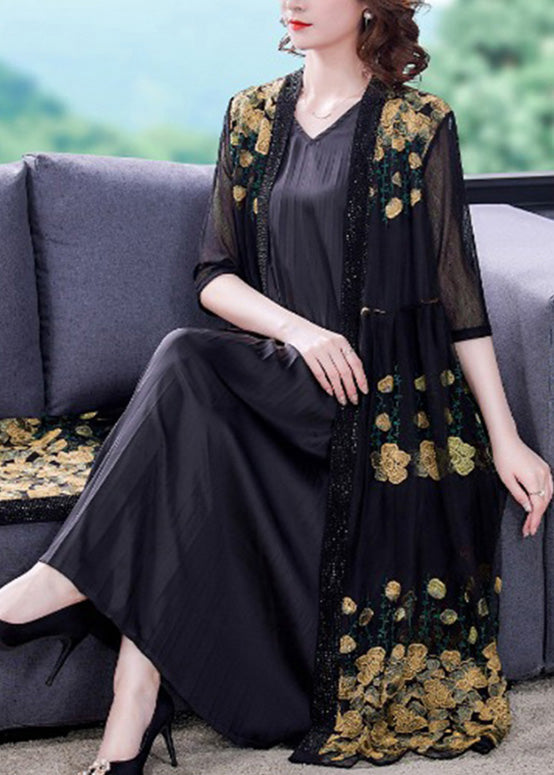 Novelty Yellow Embroideried Tulle Maxi Sunscreen Cardigan Short Sleeve