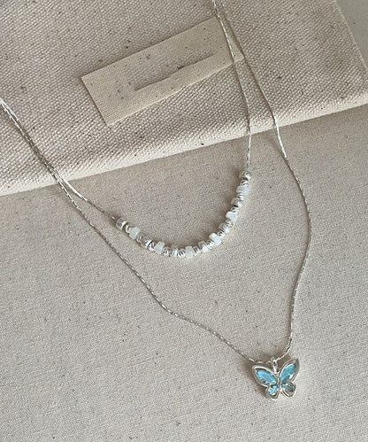 Boutique Blue Copper Crystal Butterfly Double-layer Pendant Necklace
