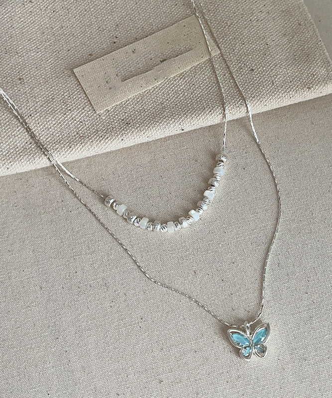 Boutique Blue Copper Crystal Butterfly Double-layer Pendant Necklace