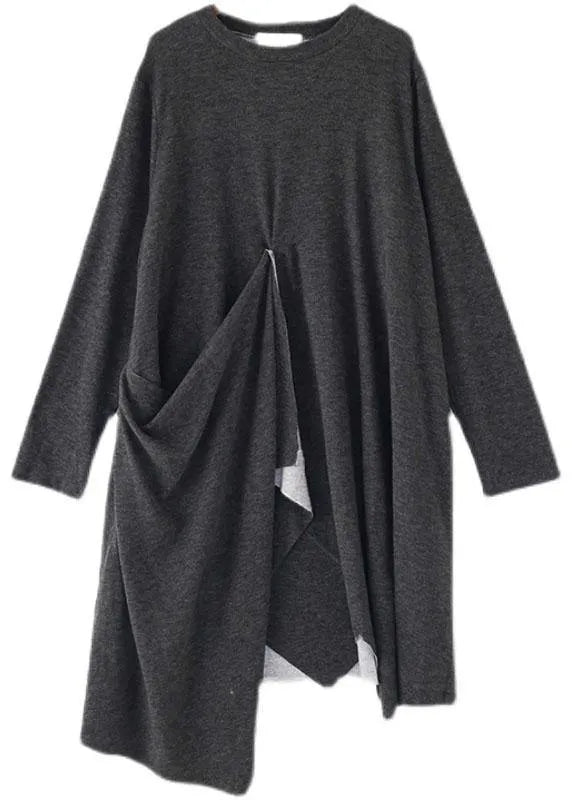 French Grey O-neck Patchwork Fall Dress Long Sleeve
