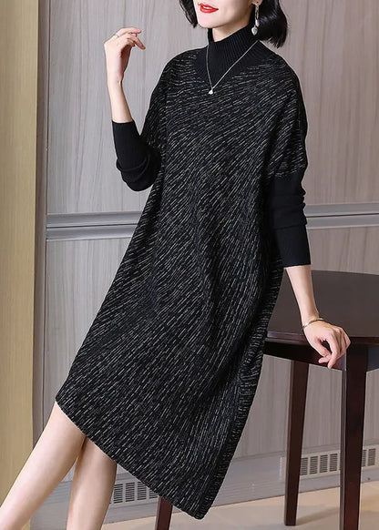 Chocolate Hign Neck Patchwork Woolen Sweater Dress Winter