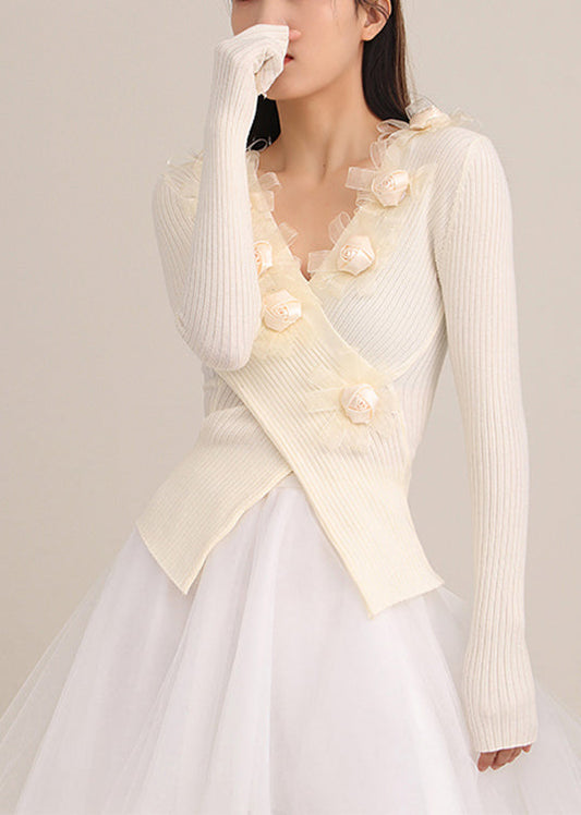 Simple Beige V Neck Knit Top Spring