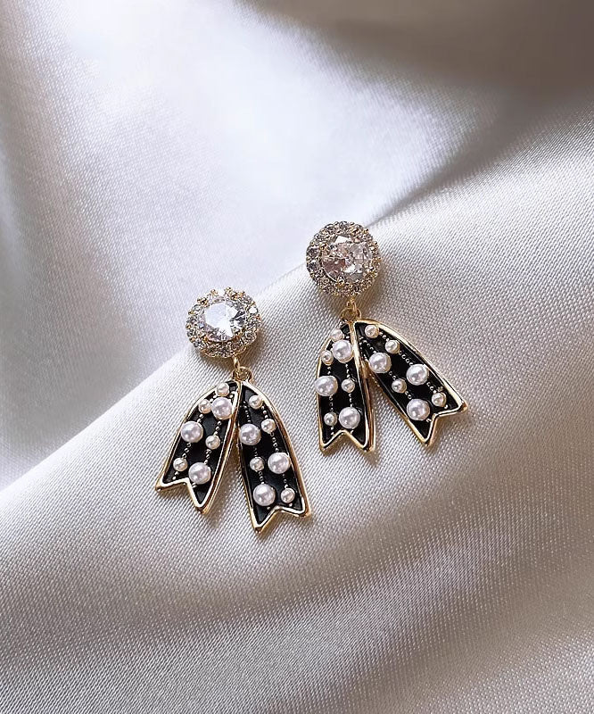 Black Sterling Silver Zircon Pearl Tassel Drop Earrings