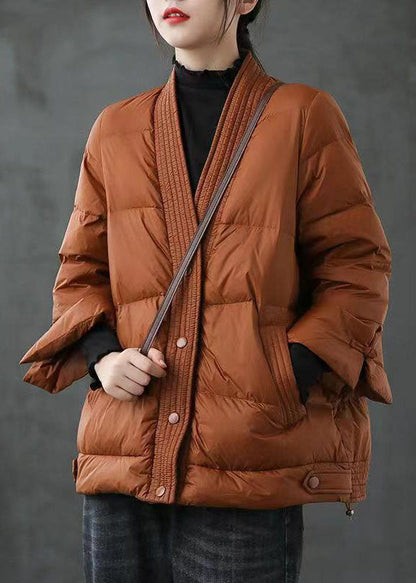 Caramel V Neck Button Thick Winter Jackets