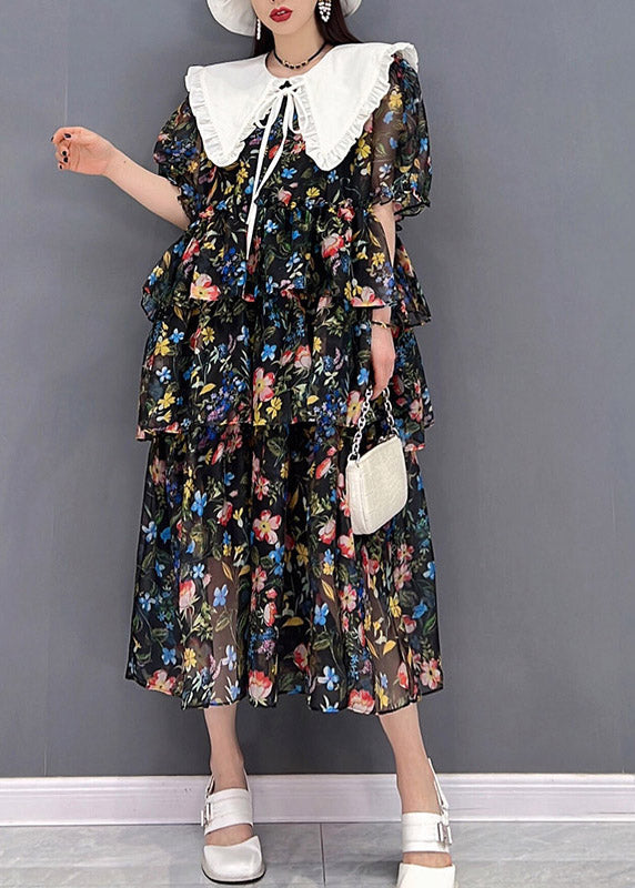 Black Sailor Collar Layered Design Cinched Print Chiffon Dress Short Sleeve