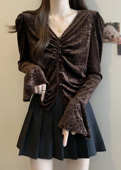 French Chocolate Side Open Button Silk Velour Shirt Flare Sleeve