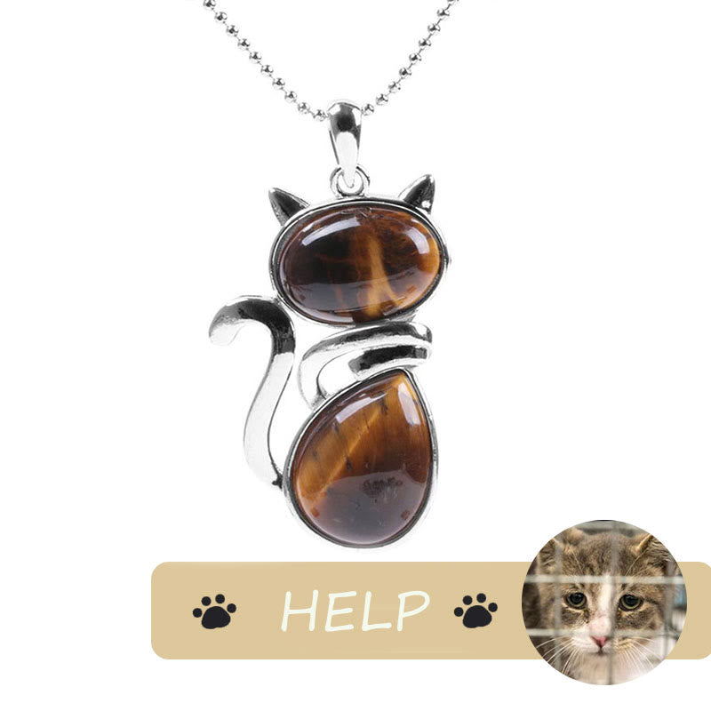 "save a Cat" Cat Pattern Natural Crystal Protection Cat-loving Pendant Necklace