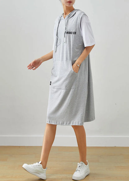Grey Patchwork Cotton Fake Two Piece Sweatshirts Dress Drawstring Summer