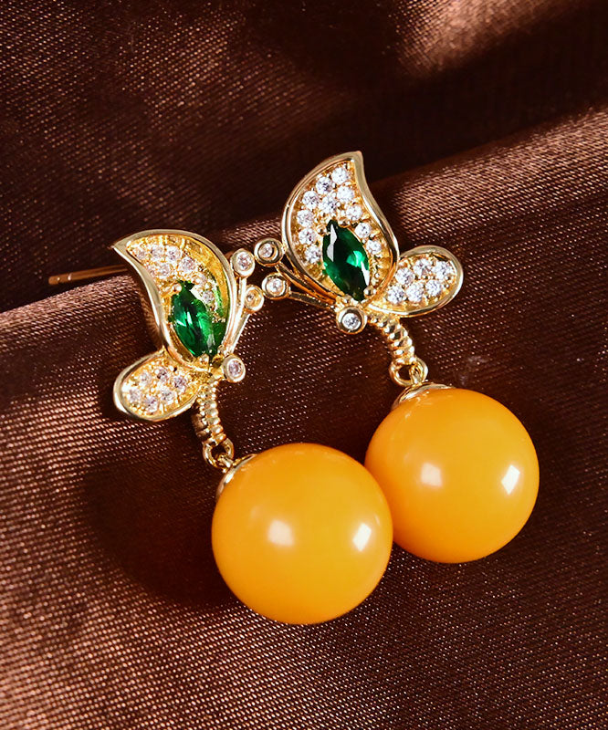 Yellow Sterling Silver Overgild Zircon Beeswax Butterfly Drop Earrings